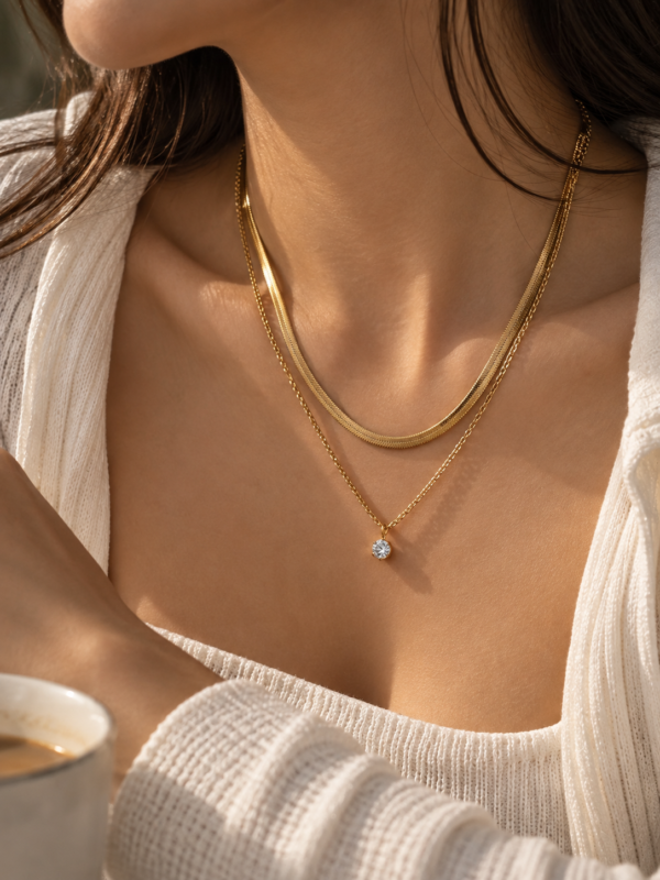 Two Layered Solitaire Drop Necklace - Image 1