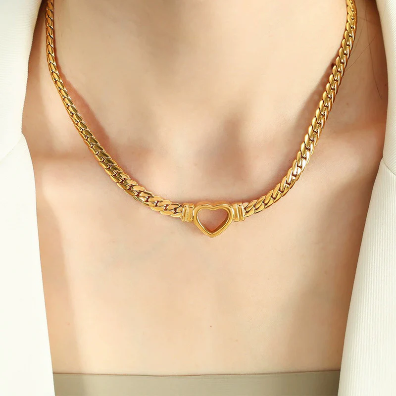 Cuban Chain Hollow Heart Necklace