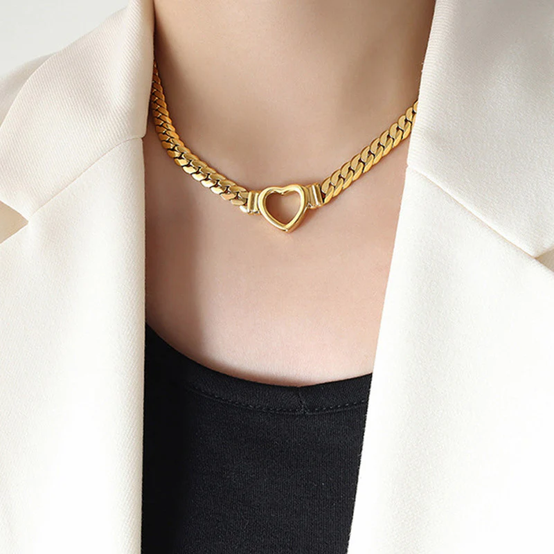 Cuban Chain Hollow Heart Necklace